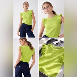 J. Crew Vintage Rib Ruffle Sleeve Shirt Neon Green BP083 Size